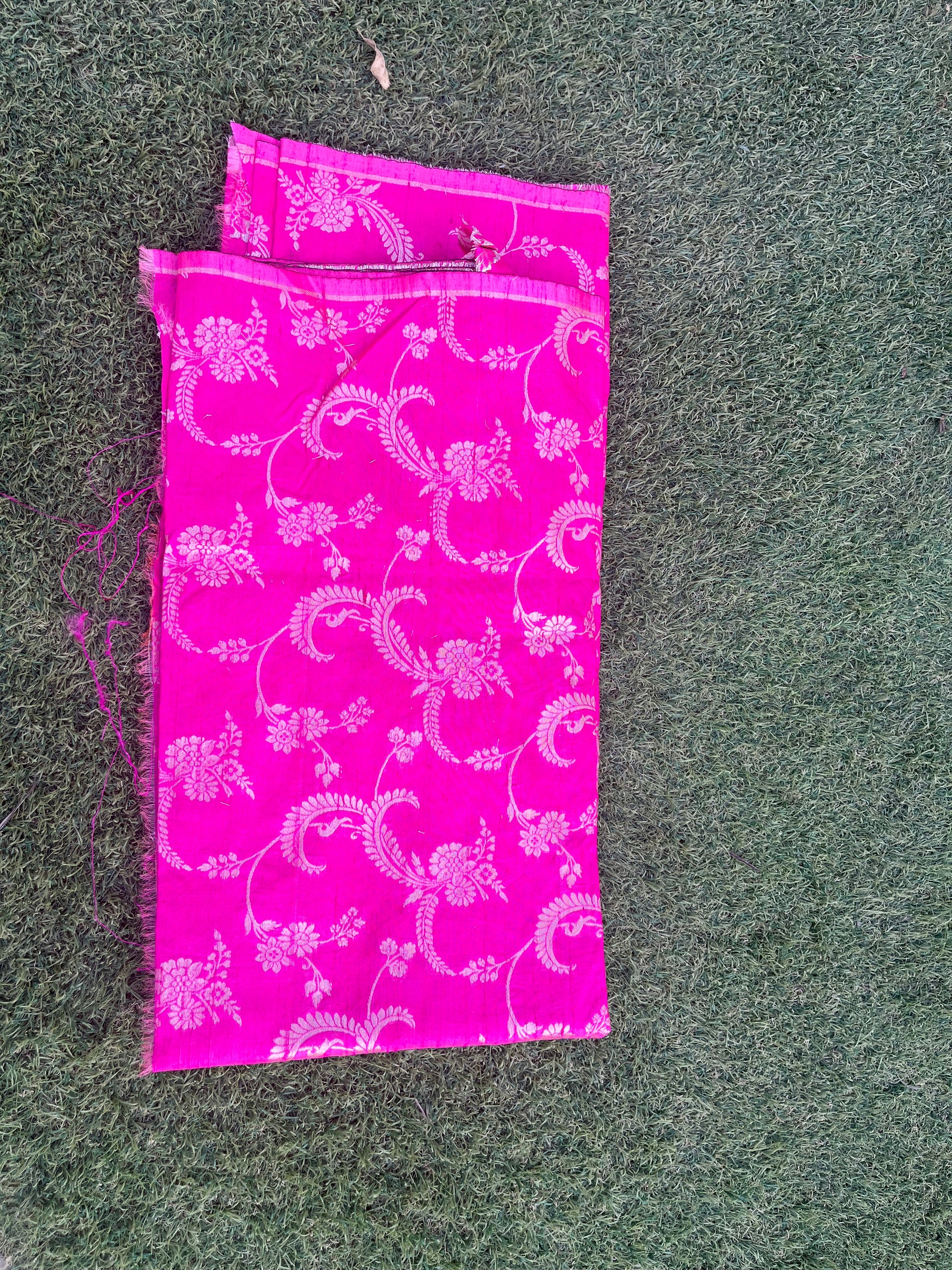Pink Pure Tussar Silk Handwoven Banarasi Jaal design Fabric with Dull Gold Zari
