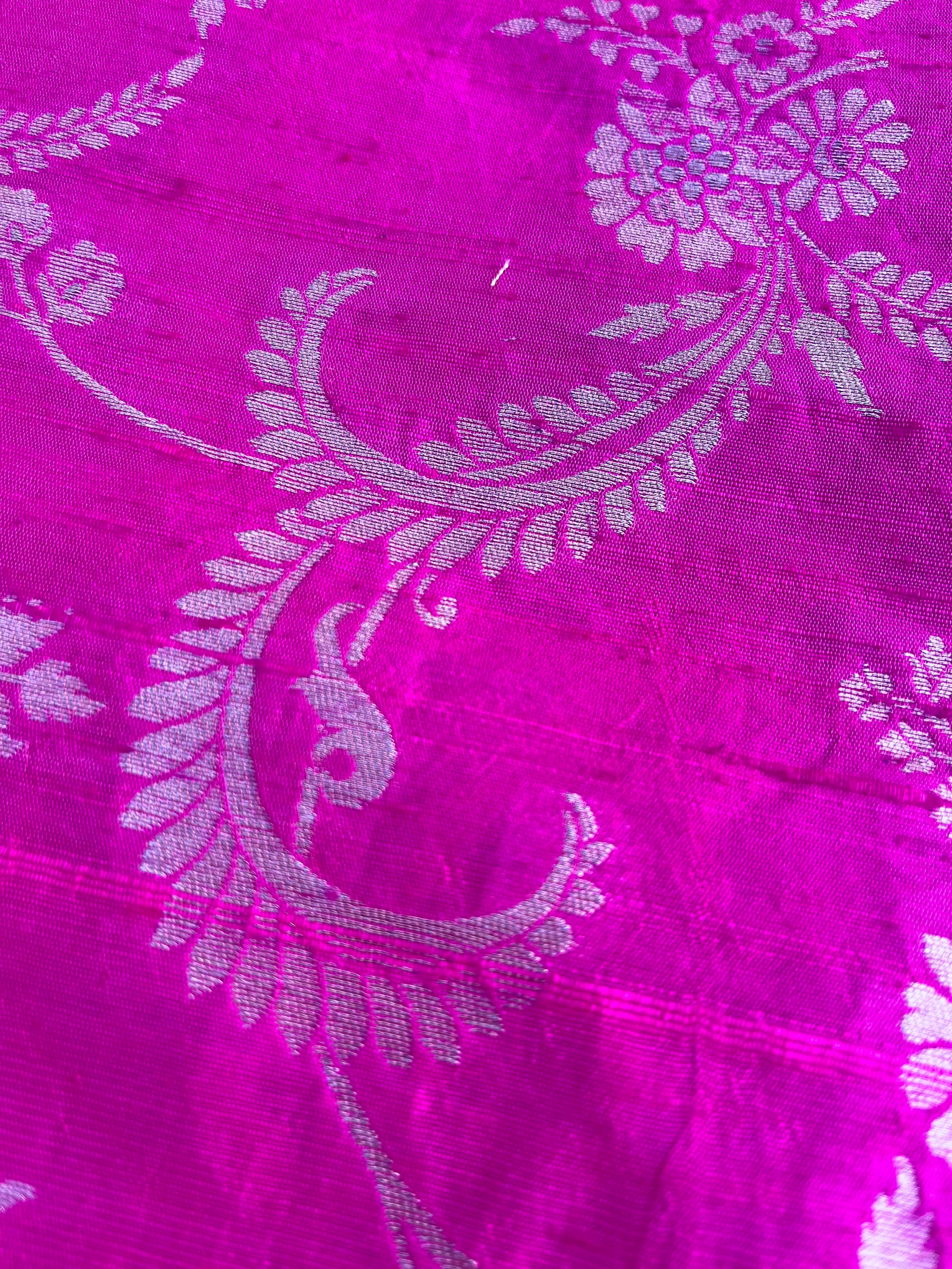 Pink Pure Tussar Silk Handwoven Banarasi Jaal design Fabric with Dull Gold Zari