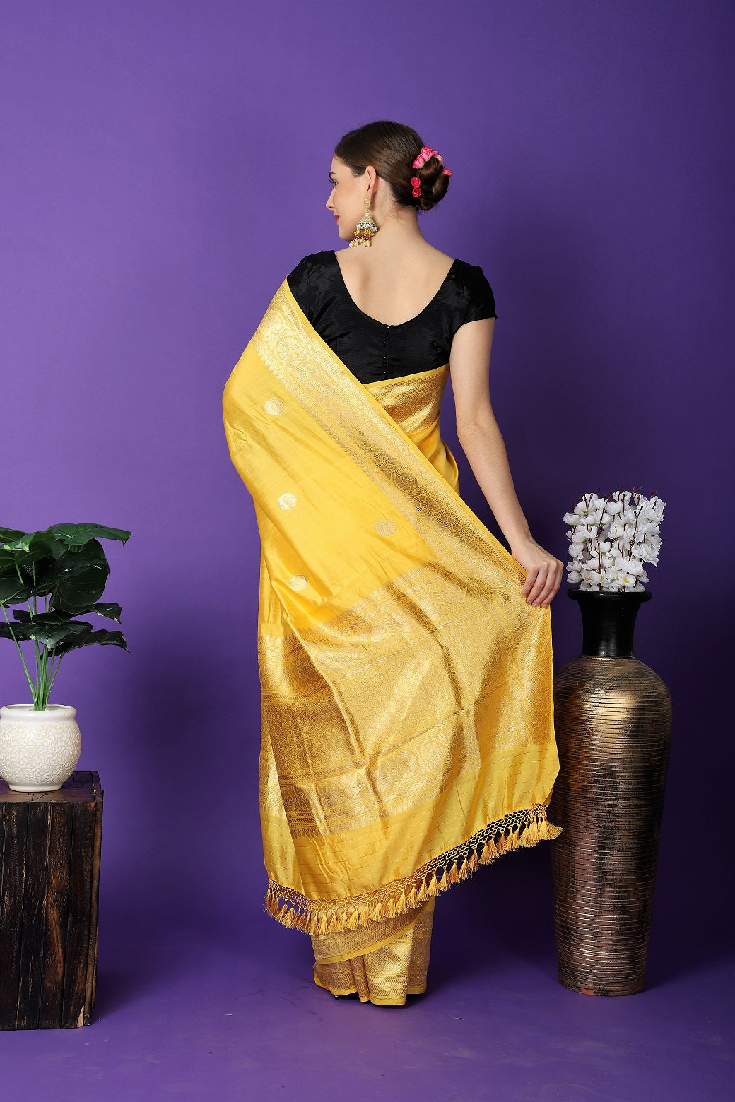 Yellow Chandbali Pure Katan Silk Handloom Khadwa Banarasi Saree