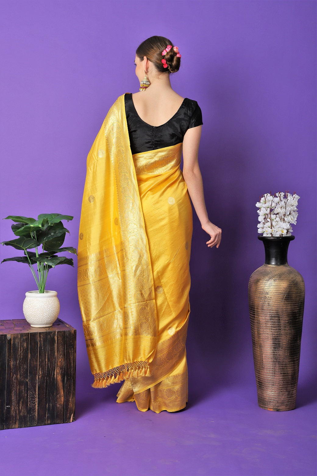 Yellow Chandbali Pure Katan Silk Handloom Khadwa Banarasi Saree