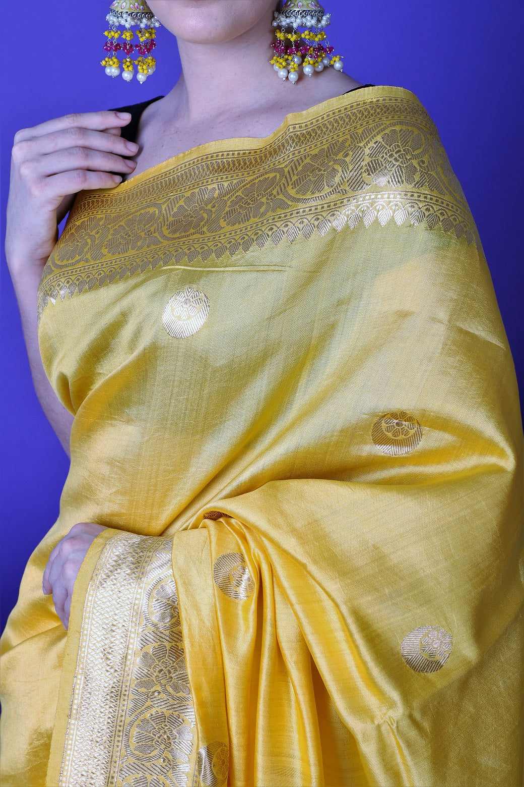Yellow Chandbali Pure Katan Silk Handloom Khadwa Banarasi Saree