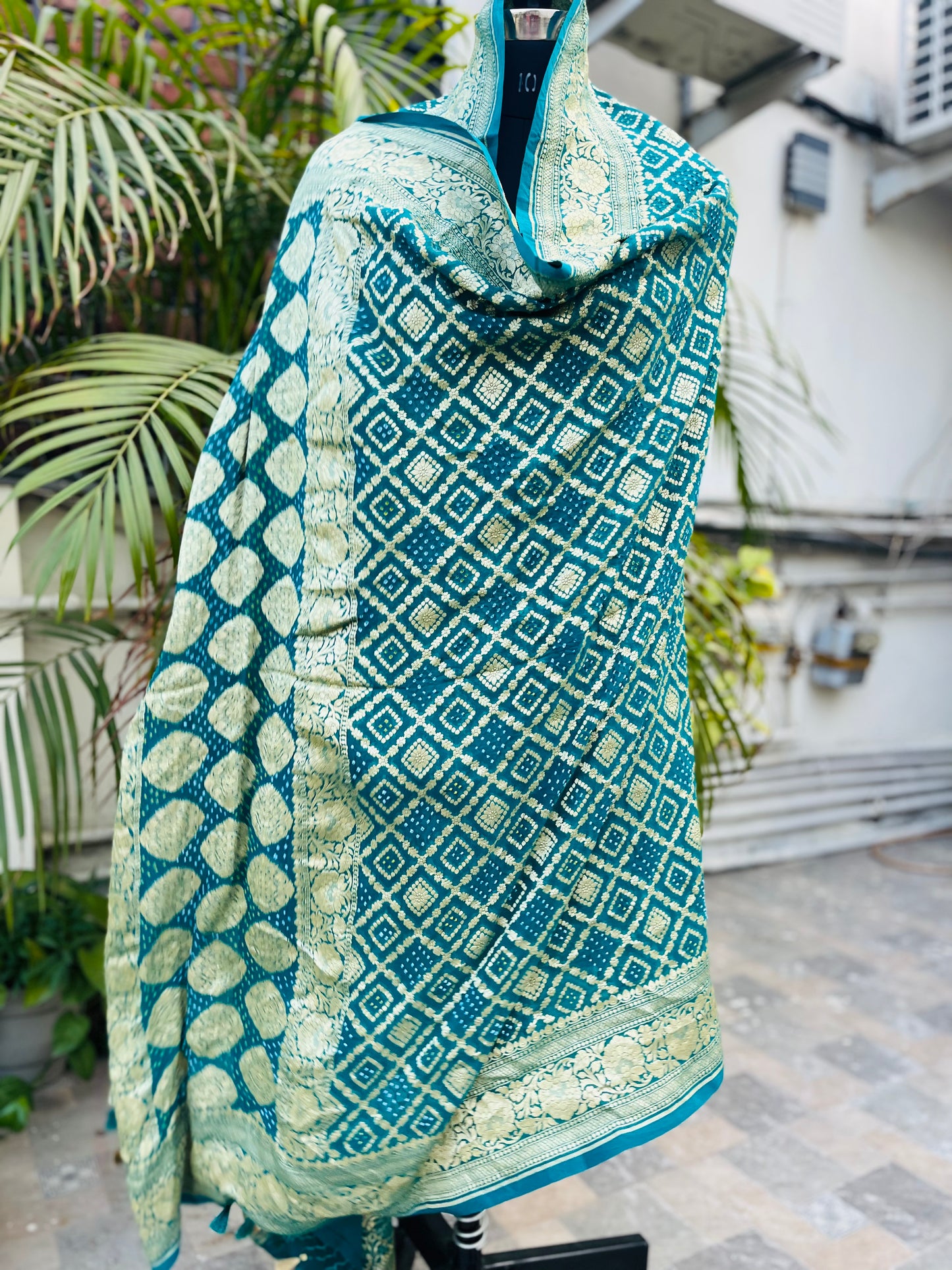 Rama Green Pure Khaddi Georgette Banarasi Bandhej Handwoven Dupatta