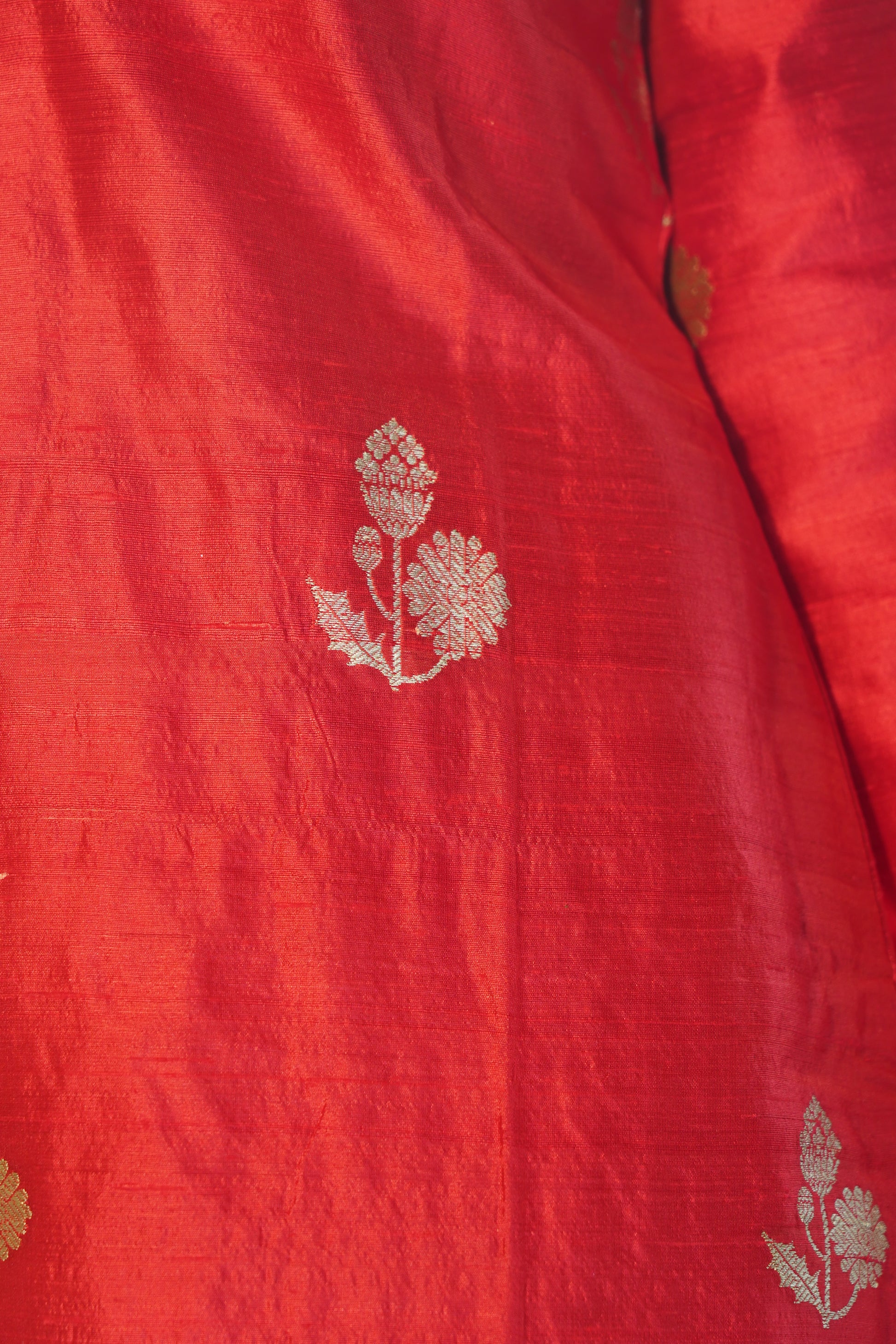 Red Pure Raw Silk Handcrafted Banarasi Khadwa Boota Stitched Kurta in Golden Zari