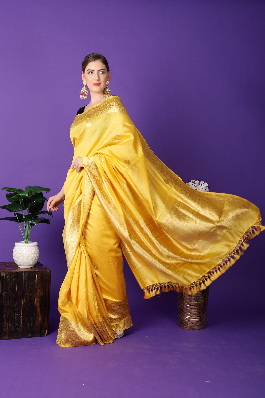 Yellow Chandbali Pure Katan Silk Handloom Khadwa Banarasi Saree