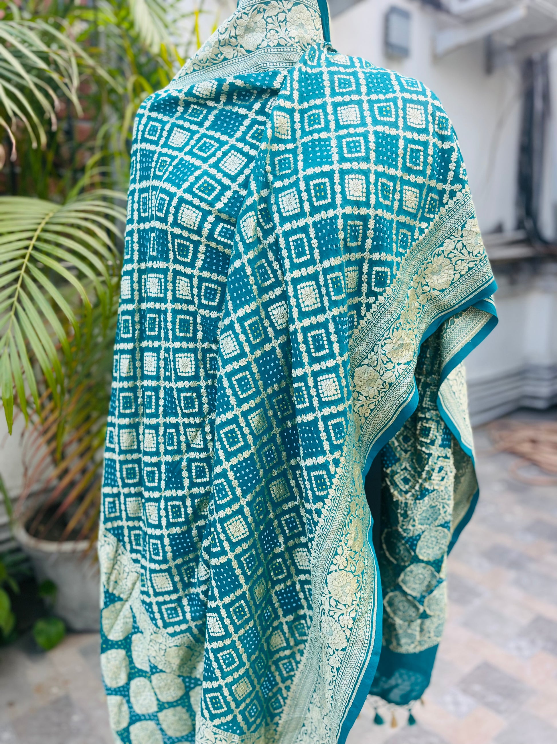 Rama Green Pure Khaddi Georgette Banarasi Bandhej Handwoven Dupatta