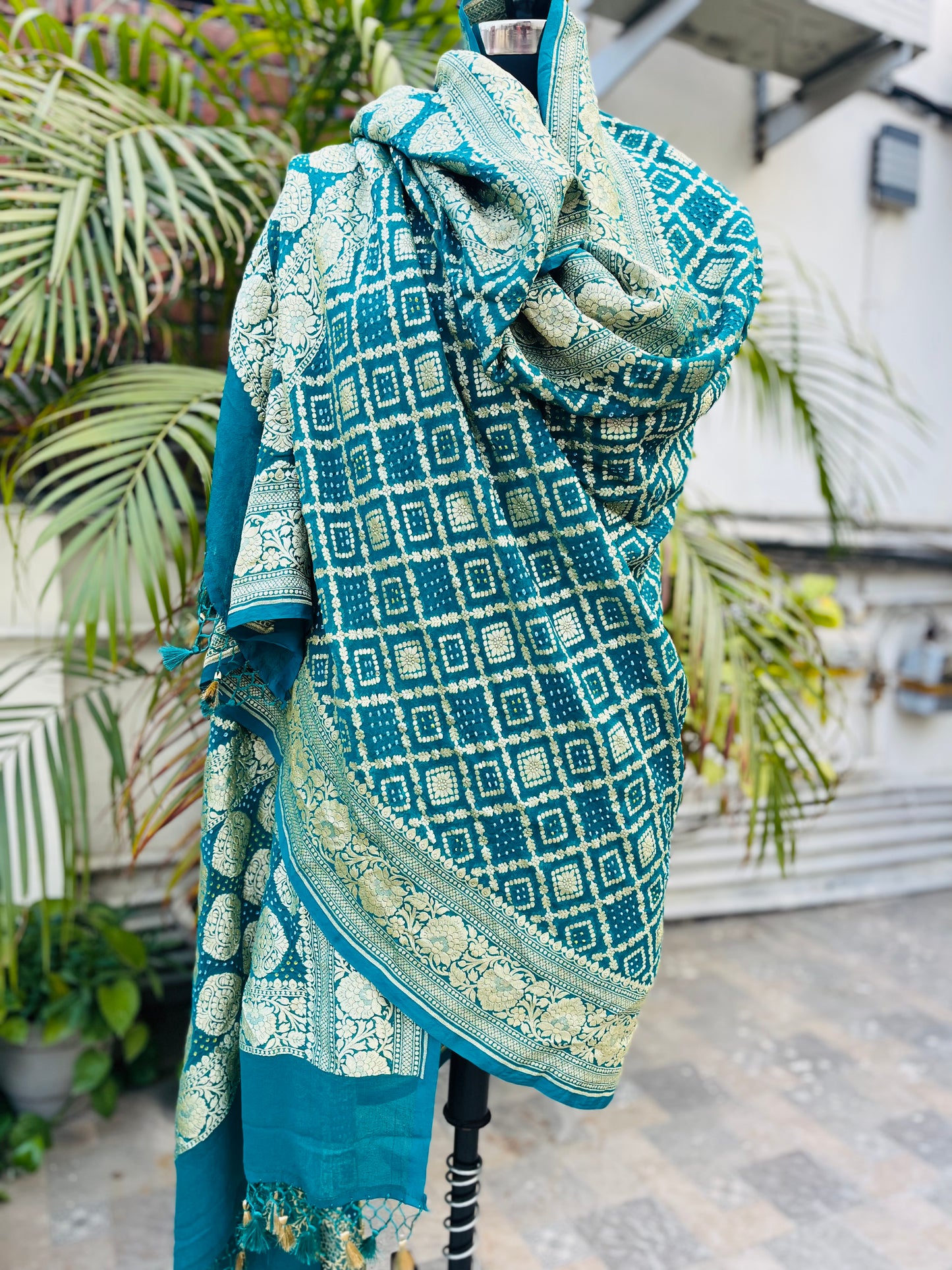 Rama Green Pure Khaddi Georgette Banarasi Bandhej Handwoven Dupatta