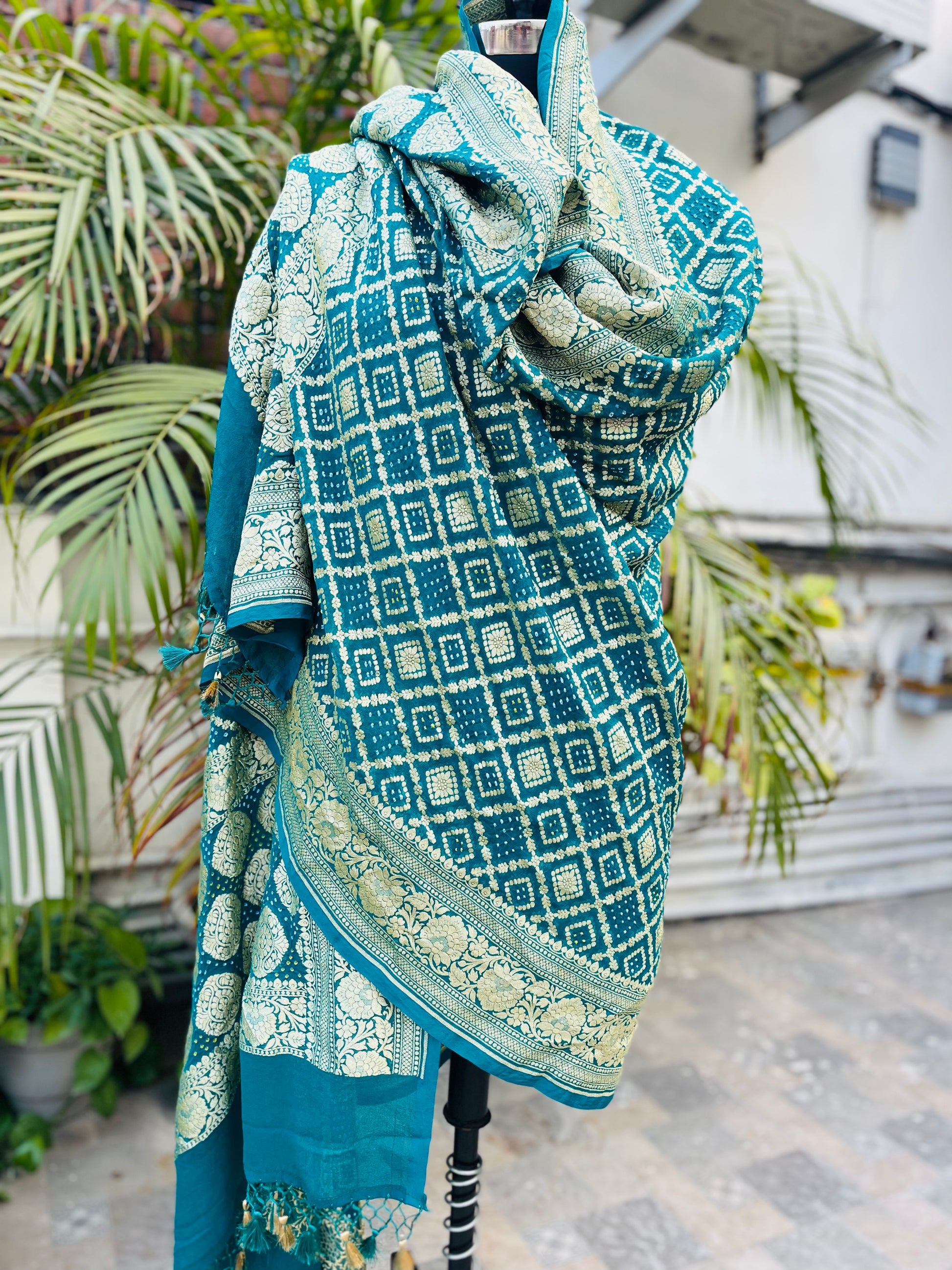 Rama Green Pure Khaddi Georgette Banarasi Bandhej Handwoven Dupatta