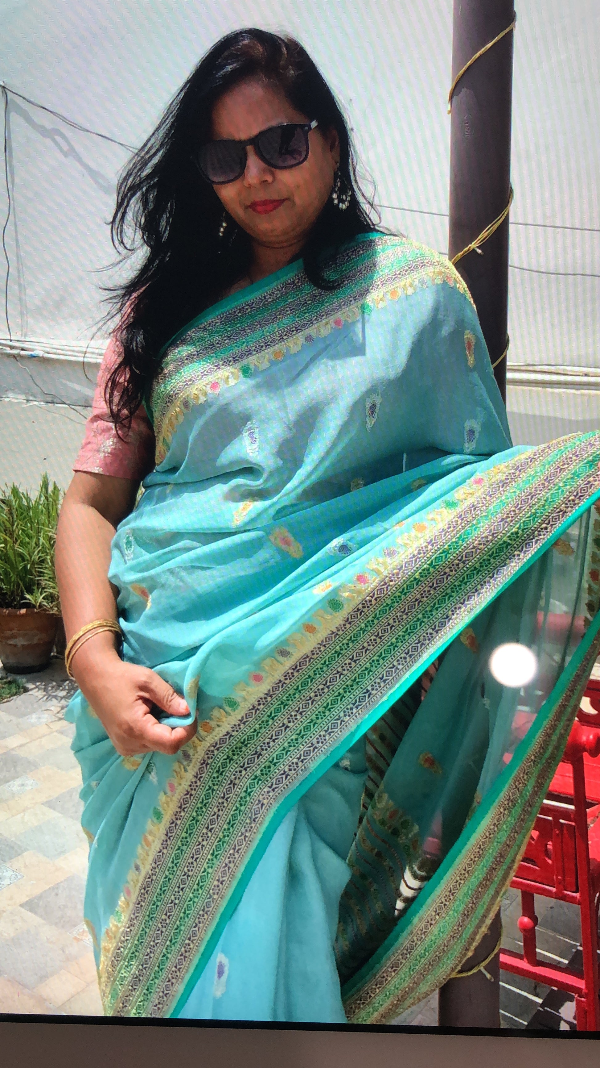 Sky Blue Pure Chiffon Handloom Banarasi Saree