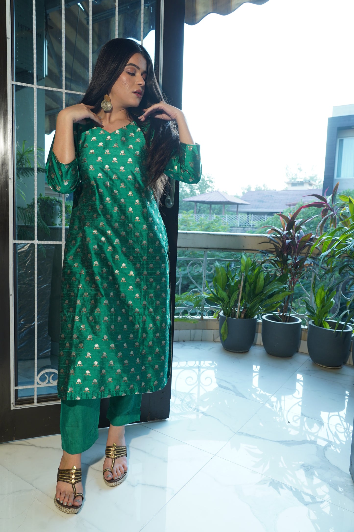 Teal Green Pure Tussar Silk Handloom Banarasi Stitched Suit Set