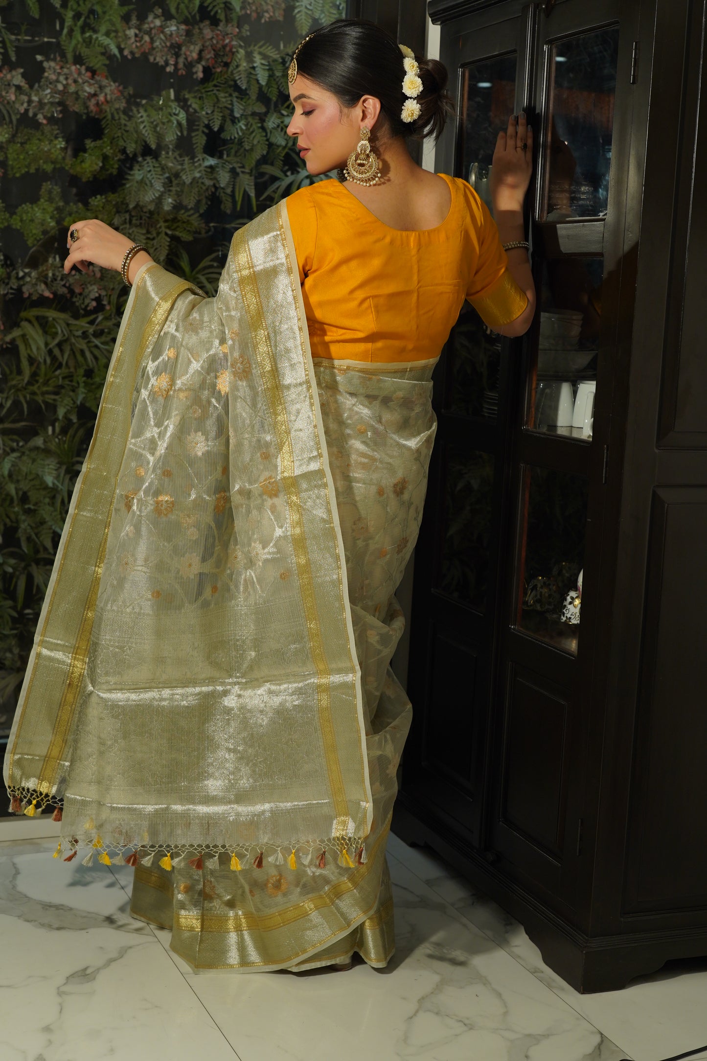 Silver Tissue Jaal design Handwoven Banarasi Saree