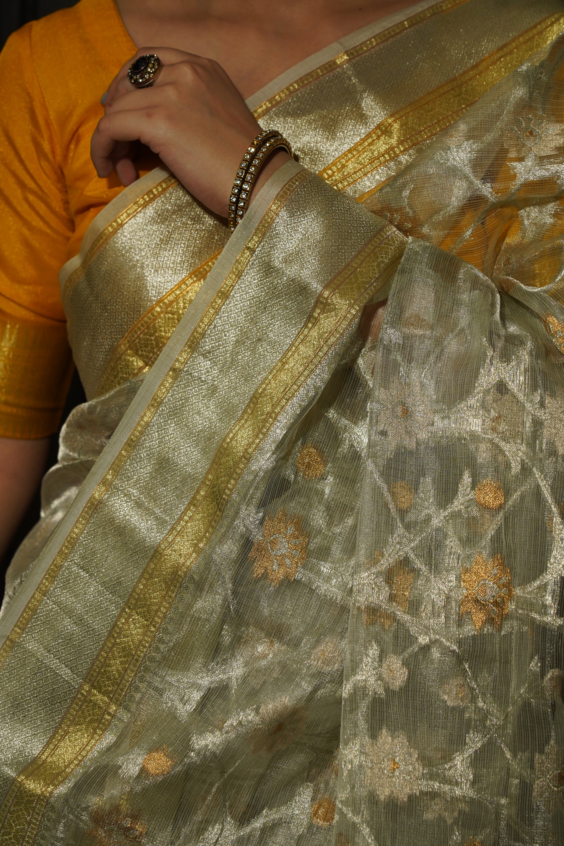 Silver Tissue Jaal design Handwoven Banarasi Saree