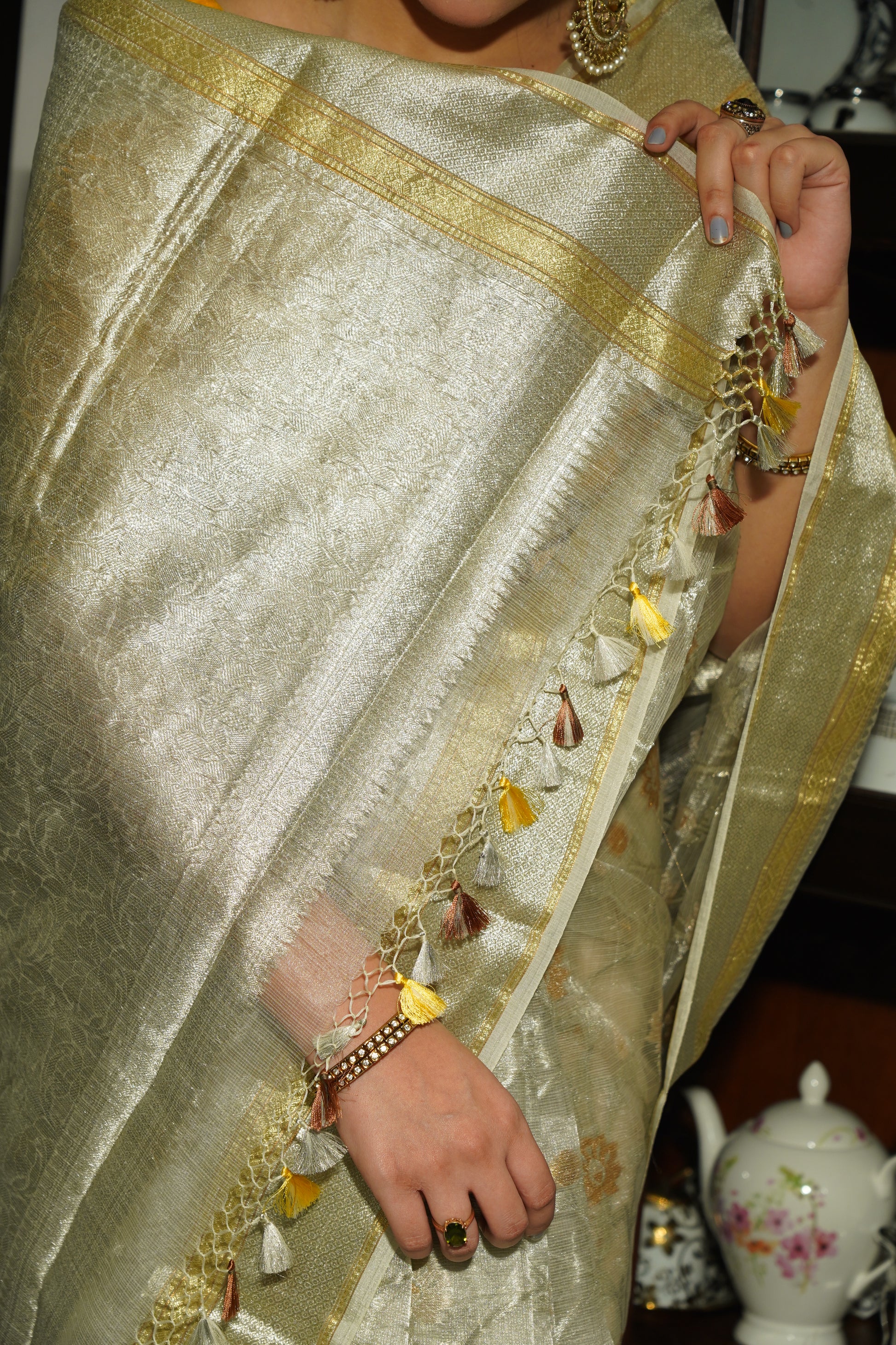 Silver Tissue Jaal design Handwoven Banarasi Saree