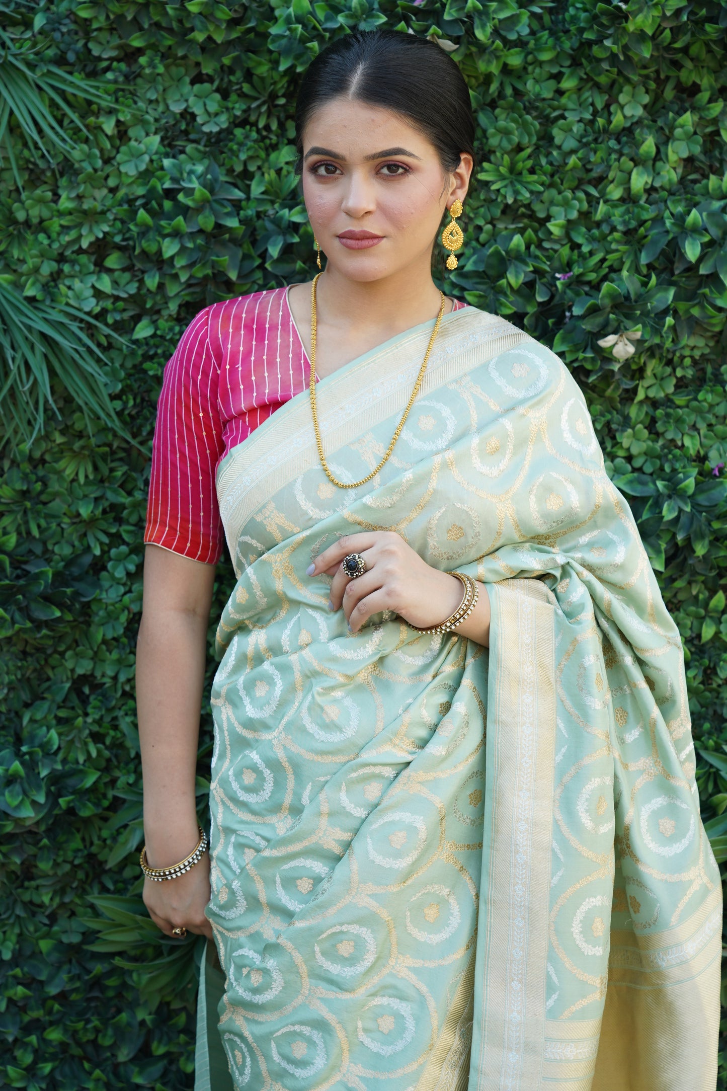 Sage Green Pure Katan Silk Khadwa Jaal Handwoven Banarasi Saree