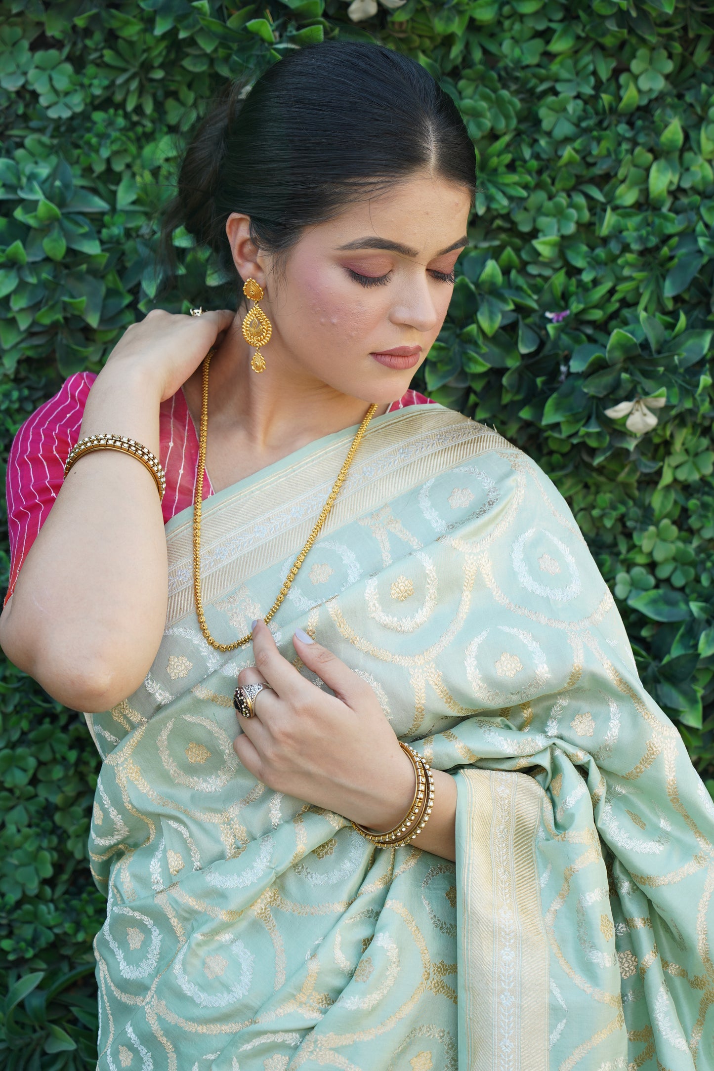 Sage Green Pure Katan Silk Khadwa Jaal Handwoven Banarasi Saree