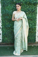 Load image into Gallery viewer, Sage Green Pure Katan Silk Khadwa Jaal Handwoven Banarasi Saree
