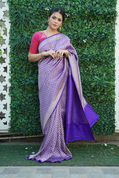 Purple Brocade Pure Katan Silk Handwoven Banarasi Saree with Meenakari