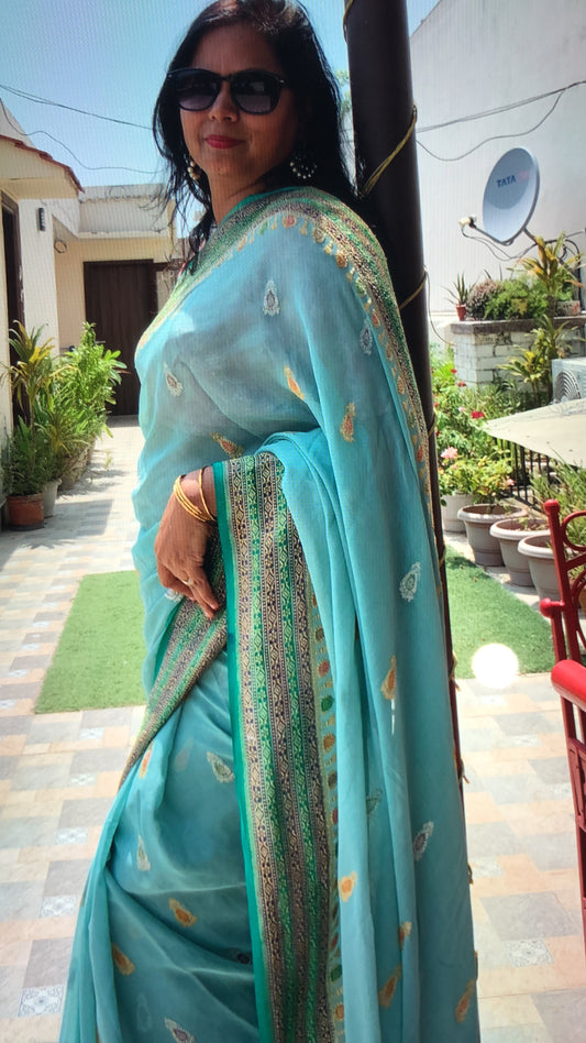 Sky Blue Pure Chiffon Handloom Banarasi Saree