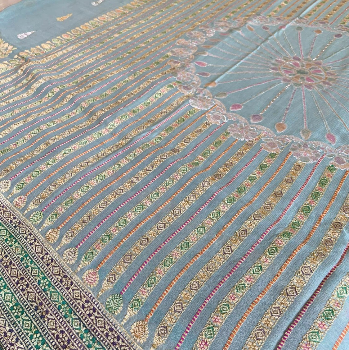 Sky Blue Pure Chiffon Handloom Banarasi Saree