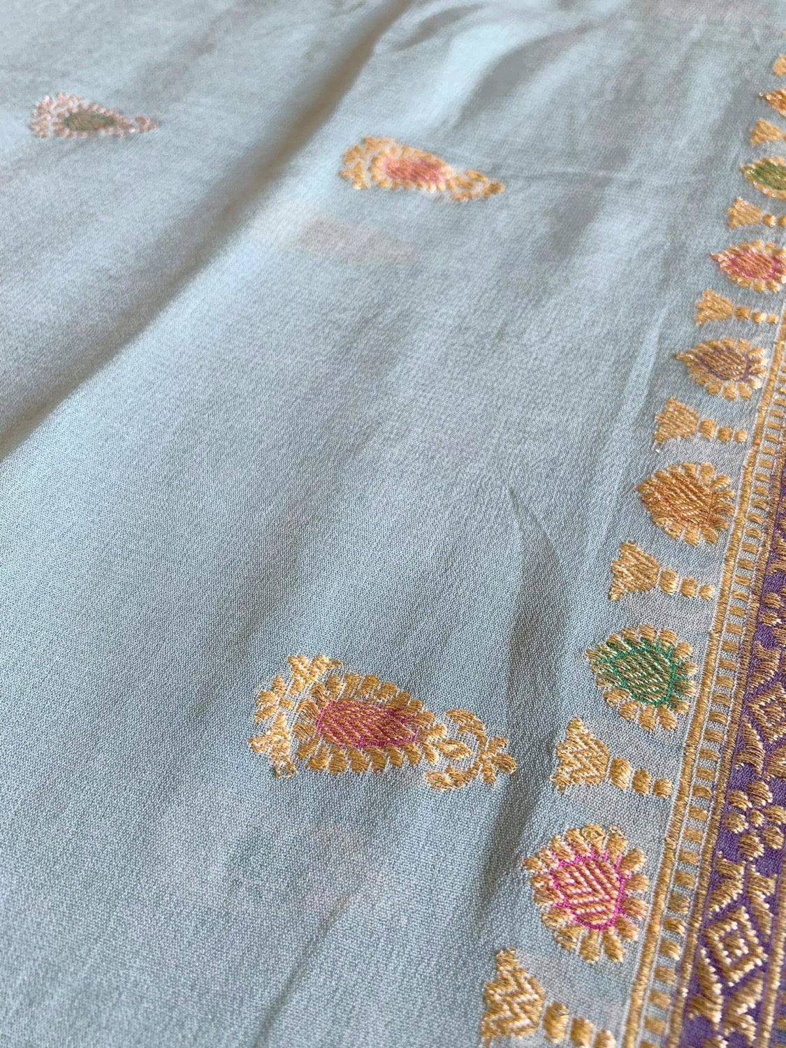 Sky Blue Pure Chiffon Handloom Banarasi Saree
