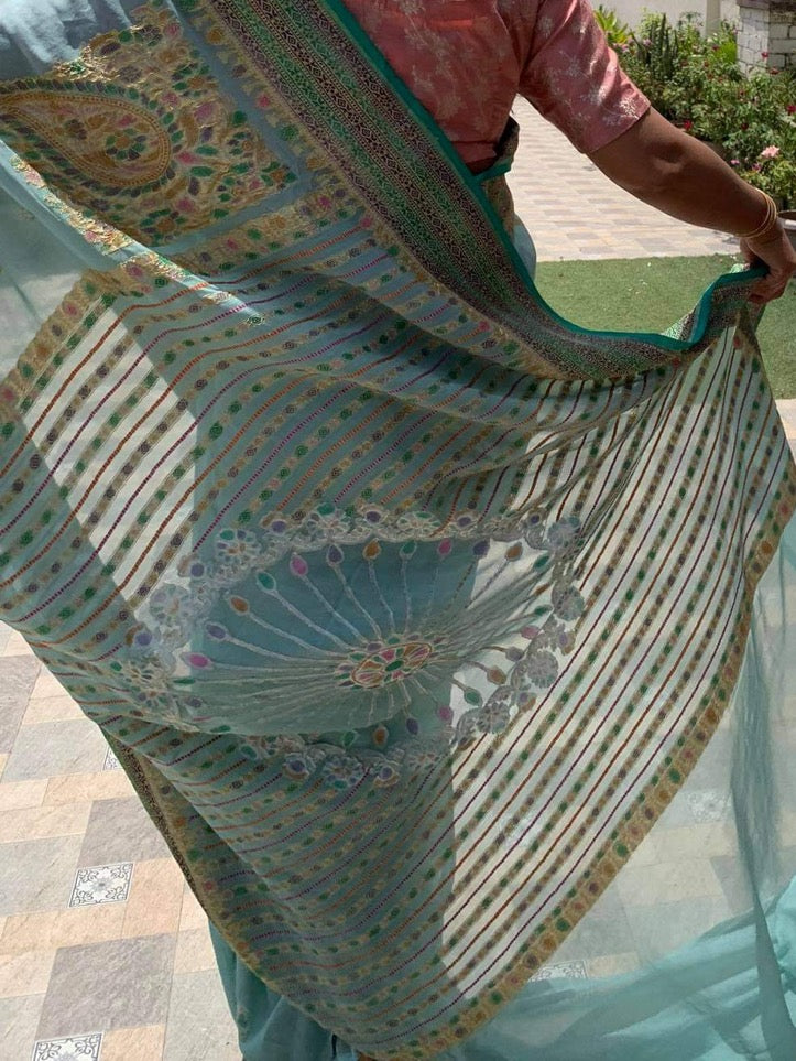 Sky Blue Pure Chiffon Handloom Banarasi Saree