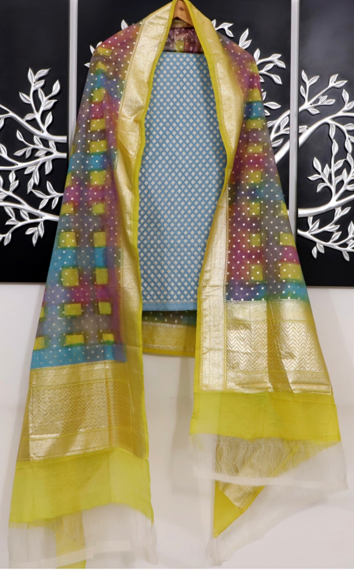 Sky Blue Cotton Handloom Banarasi Suits