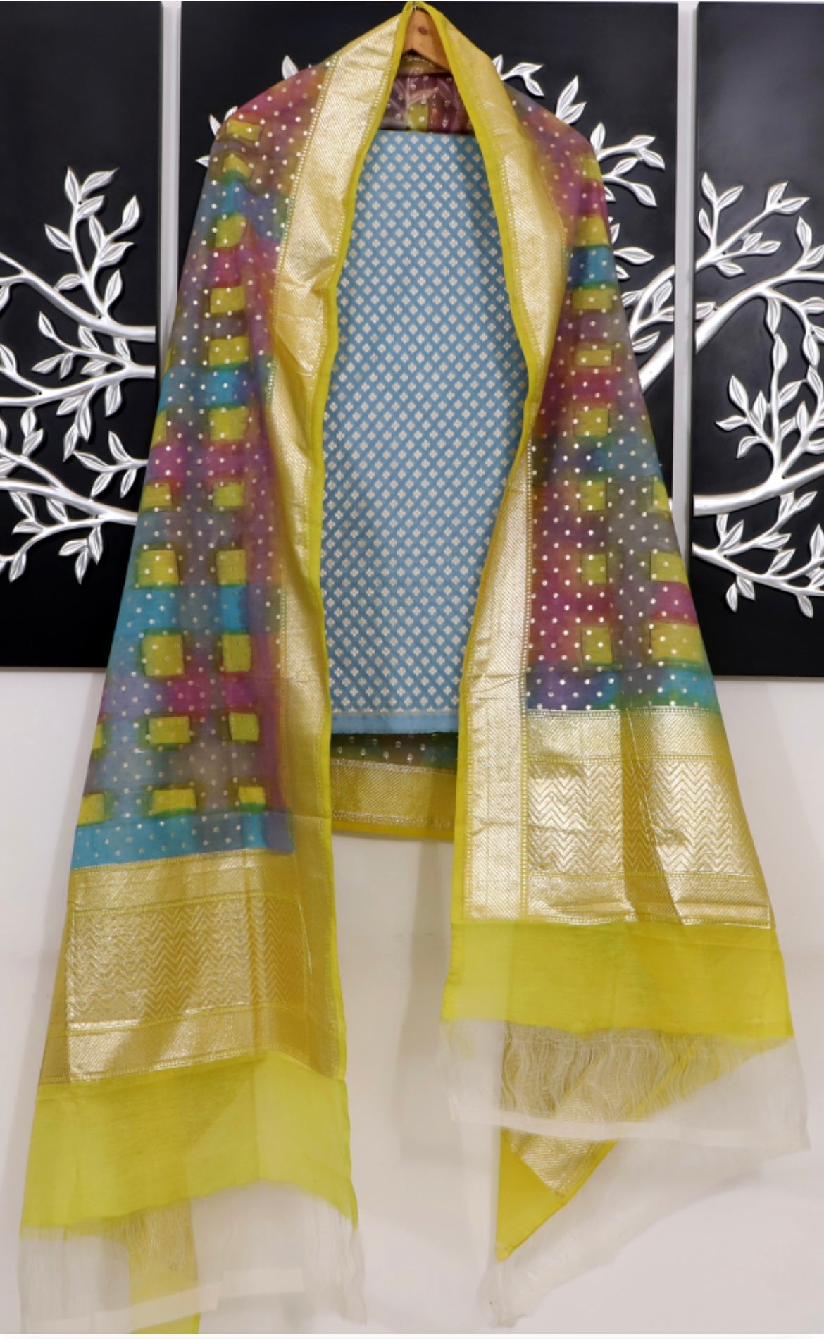 Sky Blue Cotton Handloom Banarasi Suits
