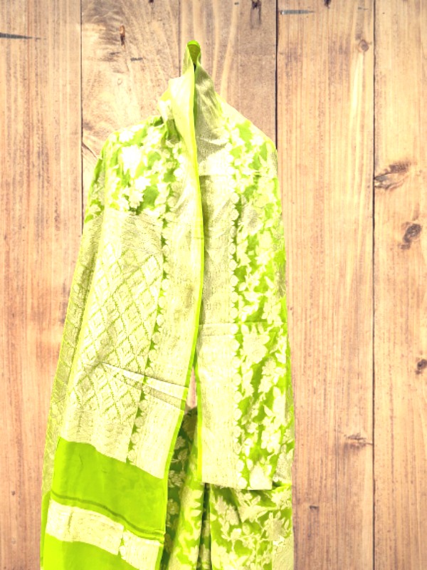 Parrot Green Pure Chiffon Jangla saree