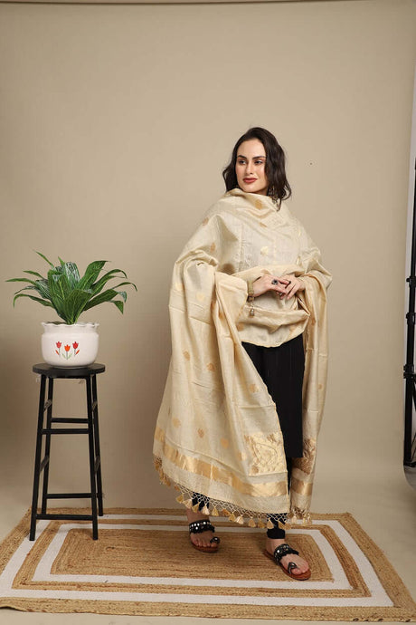 Beige Pure Munga Silk Handwoven Banarasi Dupatta