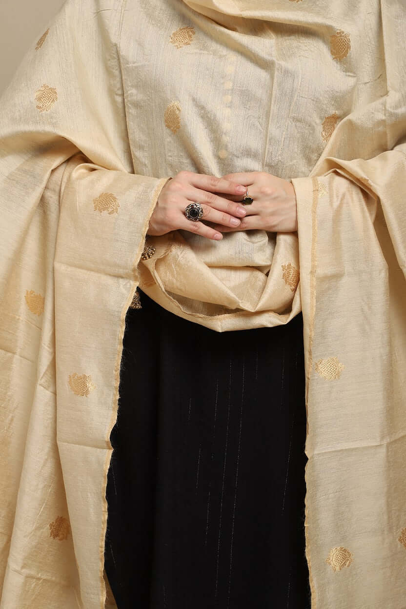 Beige Pure Munga Silk Handwoven Banarasi Dupatta