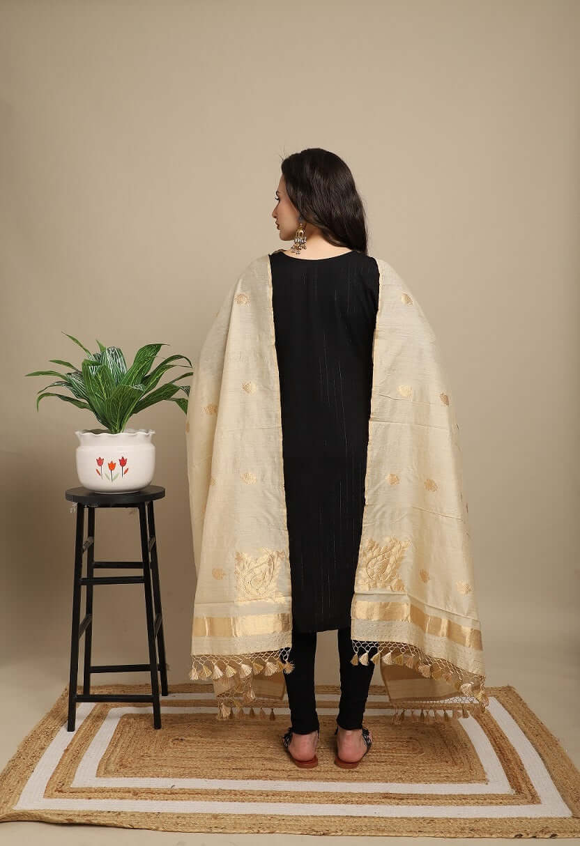 Beige Pure Munga Silk Handwoven Banarasi Dupatta