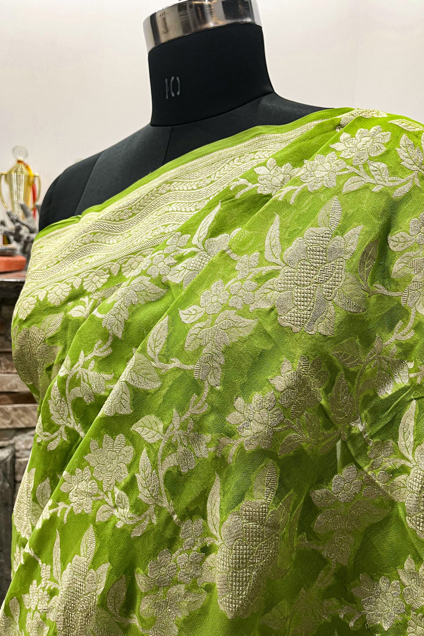 Parrot Green Pure Chiffon Jangla saree