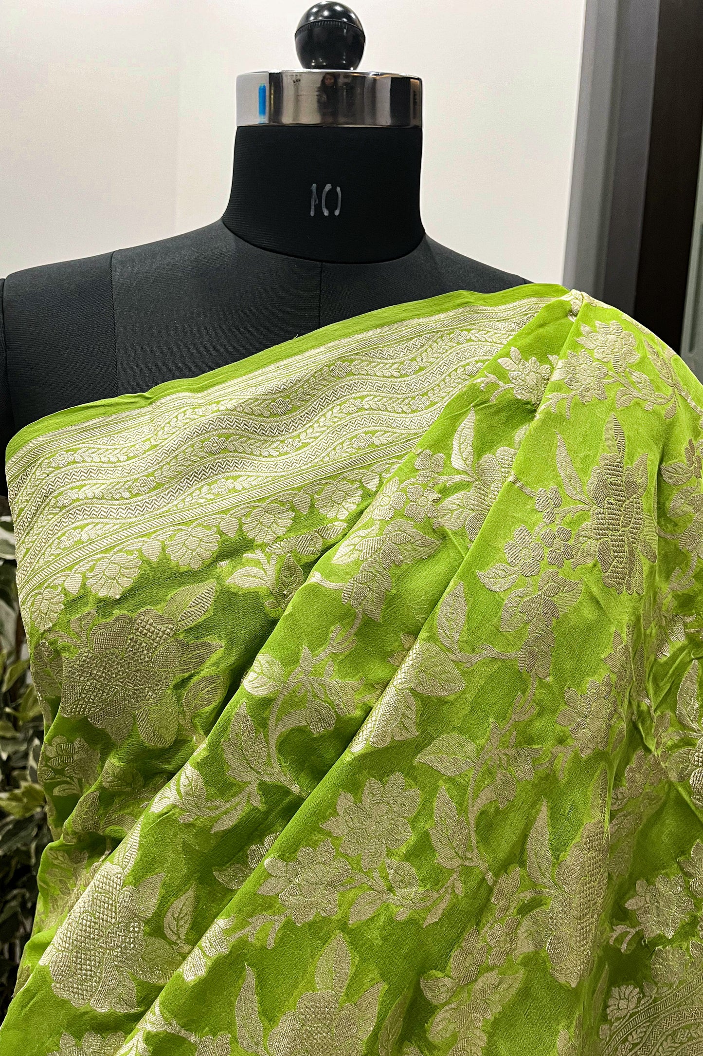 Parrot Green Pure Chiffon Jangla saree