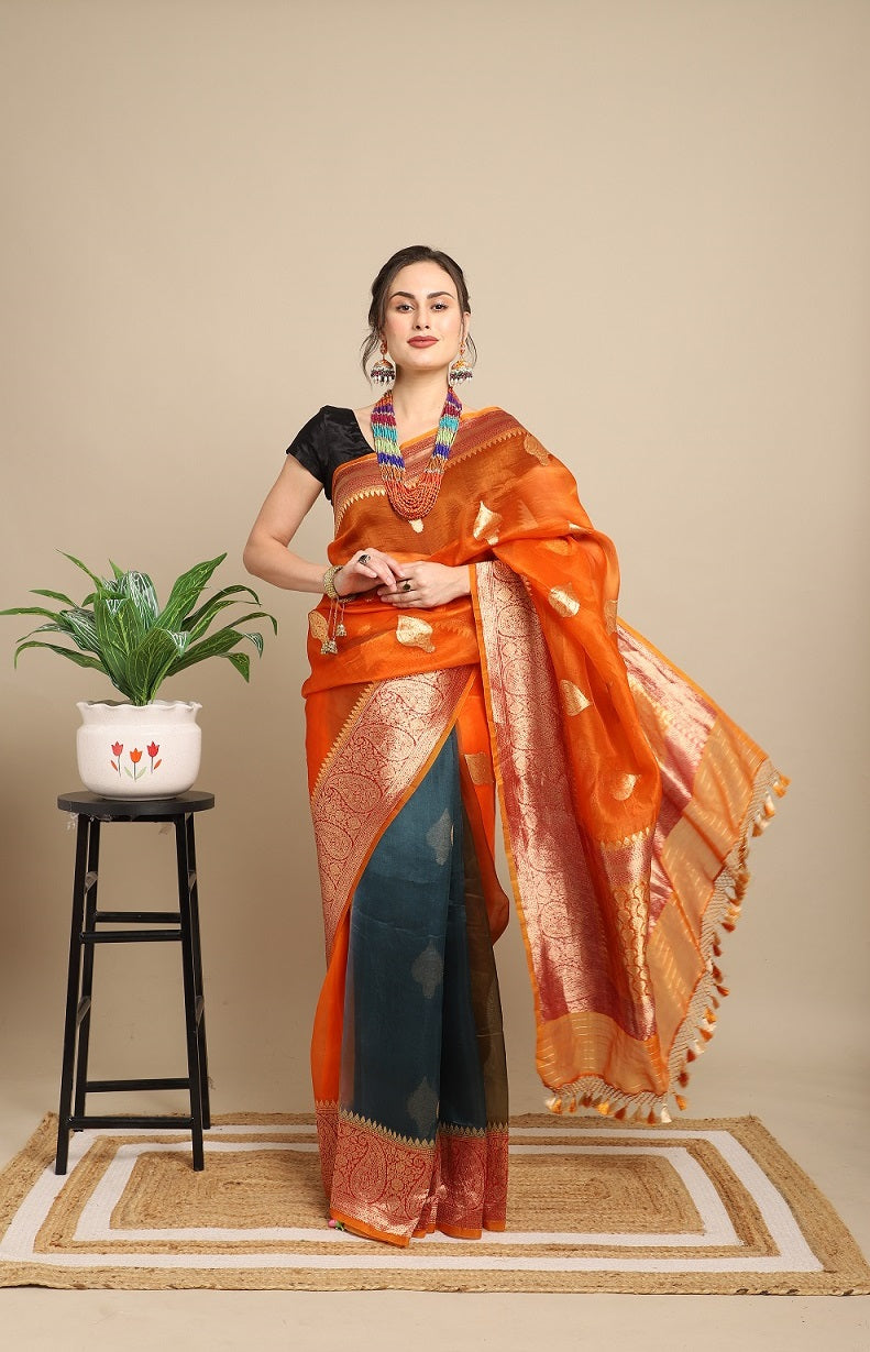 Rust and Teal Blue Pure Organza (Kora) Silk Khadwa Boota Border Handwoven Banarasi Saree