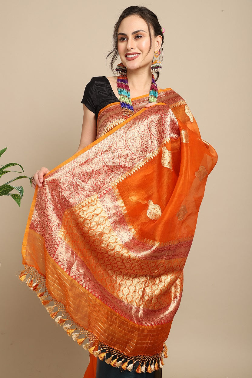Rust and Teal Blue Pure Organza (Kora) Silk Khadwa Boota Border Handwoven Banarasi Saree