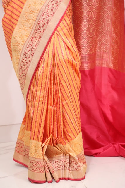 Orange Pink Pure Katan Silk Handloom Saree
