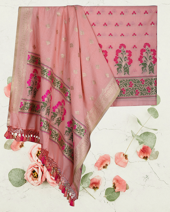 Peach Pink Designer Cotton Banarasi Handloom Suit