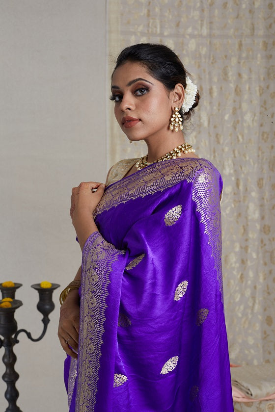 BLUISH PURPLE PURE SATIN SILK DESIGNER HANDLOOM SAREE