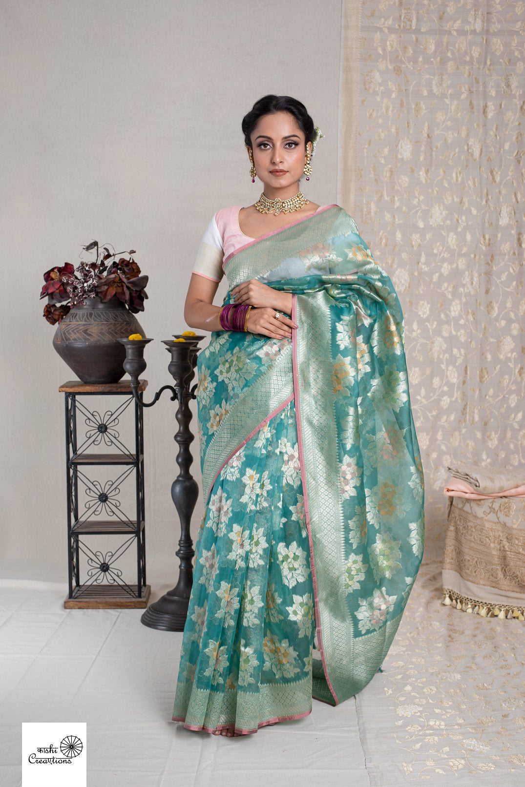 Delightful Teal Green Cotton Banarasi Design Handwoven Saree