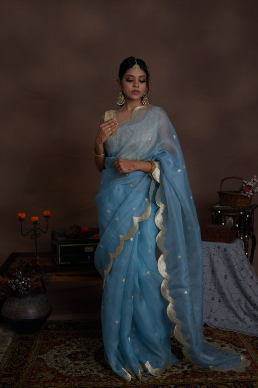 Powder Blue Pure Organza Scallop design Khadwa Buta Border Handwoven Banarasi Saree