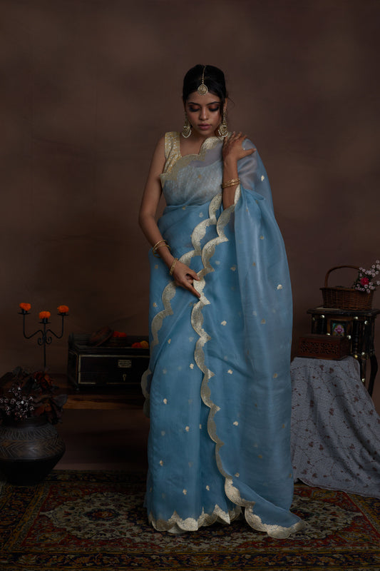 Powder Blue Pure Organza Scallop design Khadwa Buta Border Handwoven Banarasi Saree