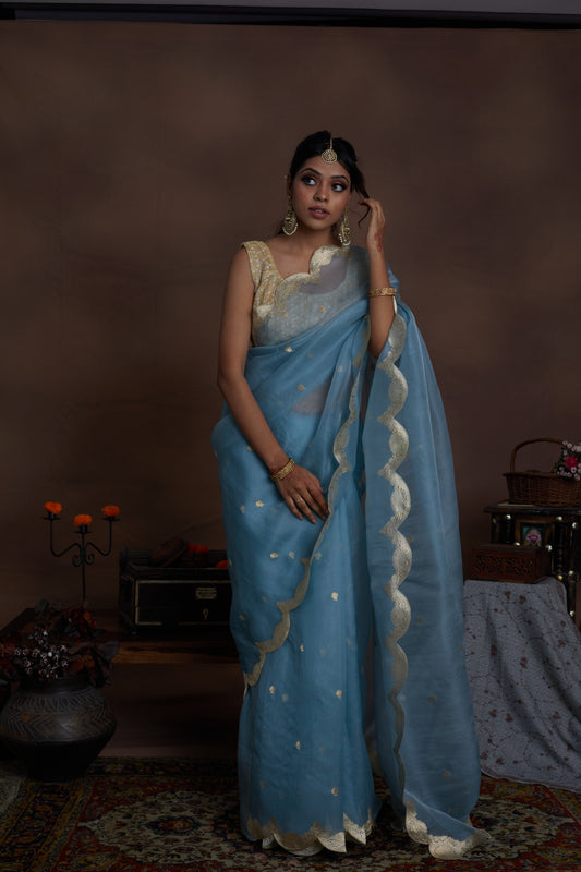 Powder Blue Pure Organza Scallop design Khadwa Buta Border Handwoven Banarasi Saree