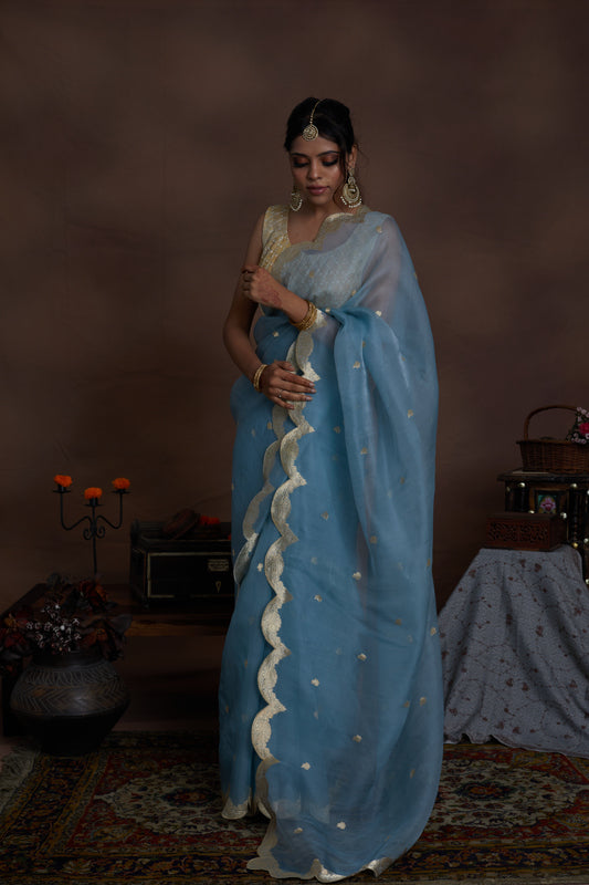 Powder Blue Pure Organza Scallop design Khadwa Buta Border Handwoven Banarasi Saree