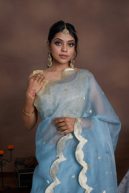 Powder Blue Pure Organza Scallop design Khadwa Buta Border Handwoven Banarasi Saree