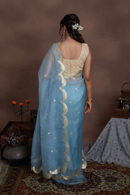 Powder Blue Pure Organza Scallop design Khadwa Buta Border Handwoven Banarasi Saree