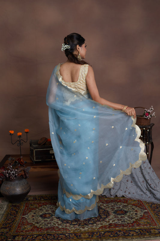 Powder Blue Pure Organza Scallop design Khadwa Buta Border Handwoven Banarasi Saree