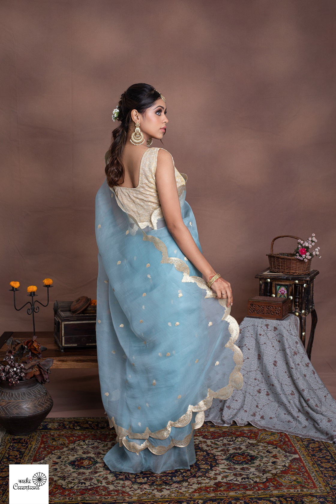 Powder Blue Pure Organza Scallop design Khadwa Buta Border Handwoven Banarasi Saree