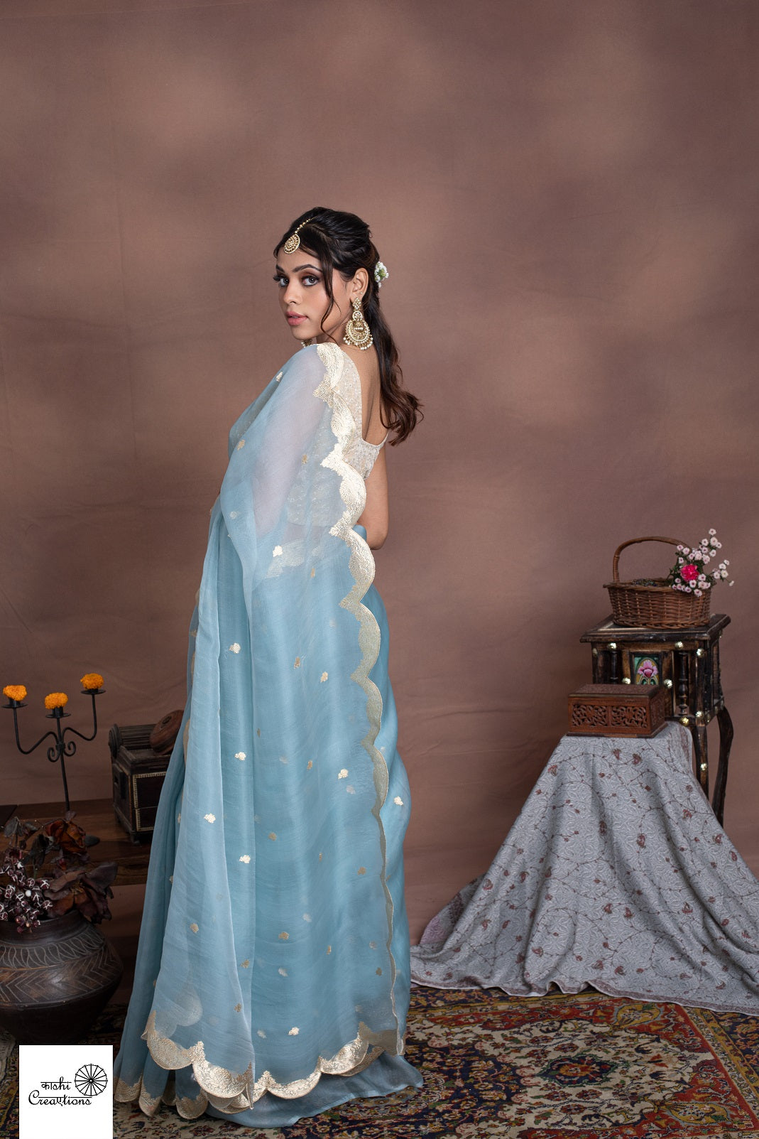 Powder Blue Pure Organza Scallop design Khadwa Buta Border Handwoven Banarasi Saree