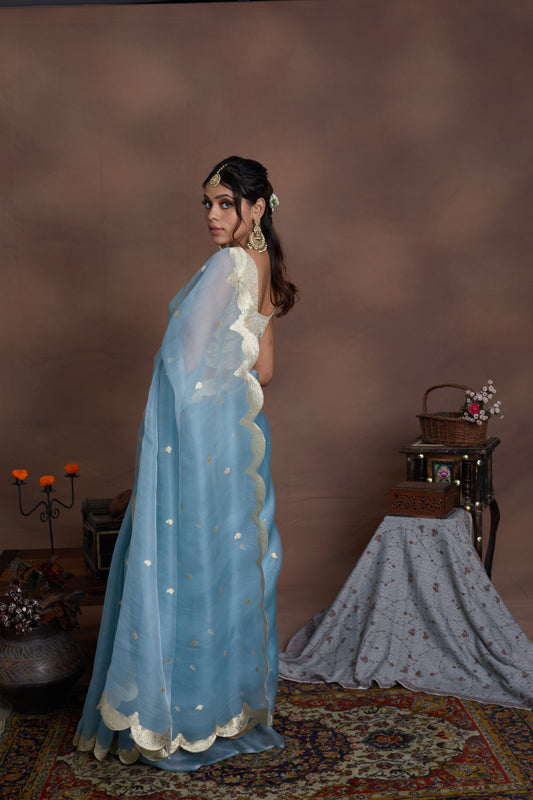Powder Blue Pure Organza Scallop design Khadwa Buta Border Handwoven Banarasi Saree
