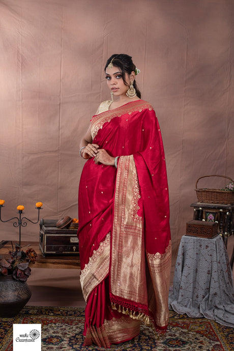Red Pure Satin Silk Designer Handloom Saree