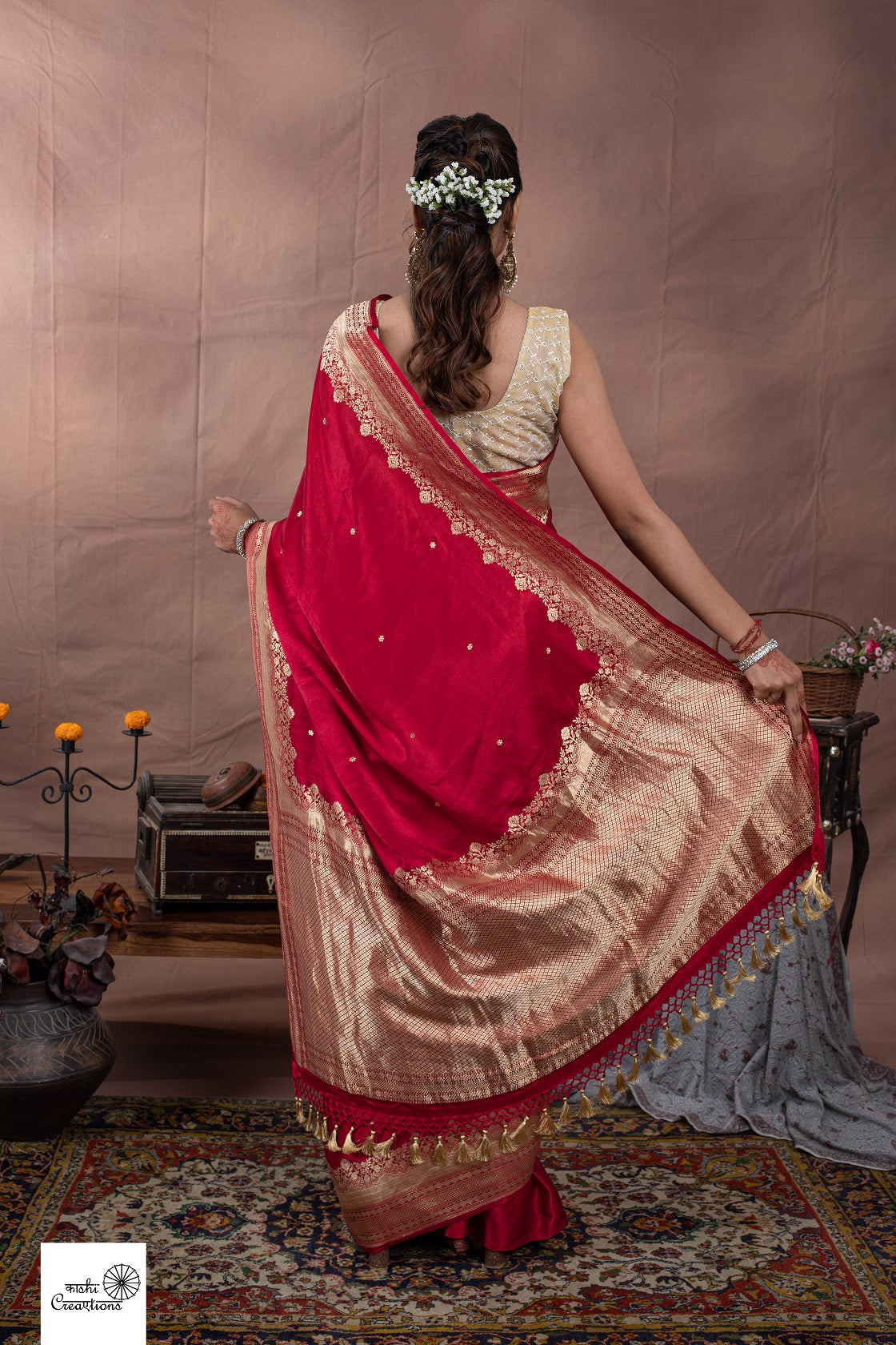 Red Pure Satin Silk Designer Handloom Saree